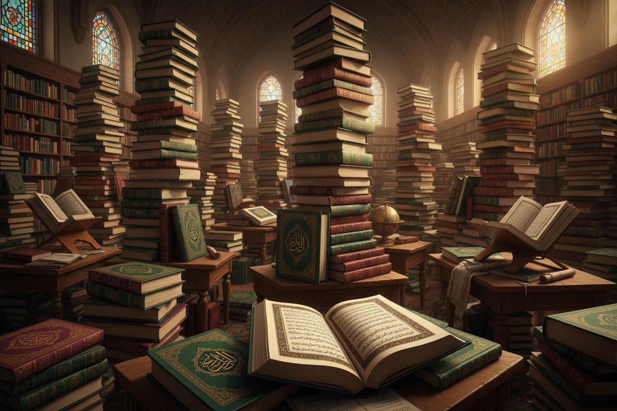 ภาพกองหนังสืออิสลามจำนวนมหาศาลถูกวางกอง